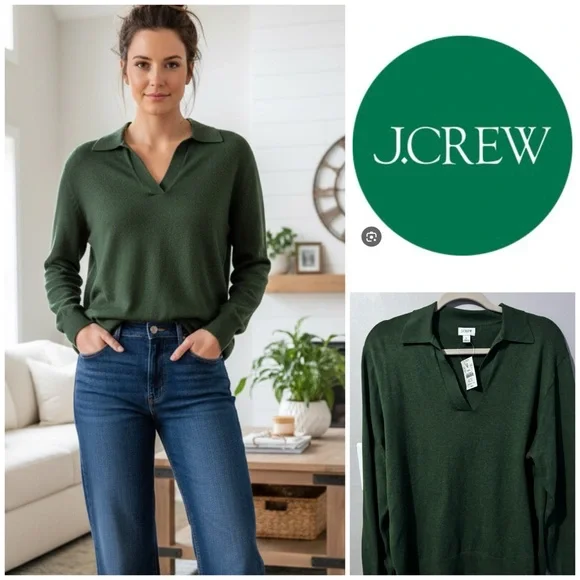 NWT!! J. Crew Dark Green Knit 100% Cotton Polo Sweater - Picture 1 of 6